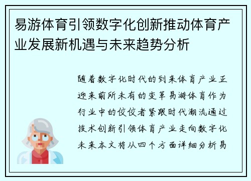易游体育引领数字化创新推动体育产业发展新机遇与未来趋势分析