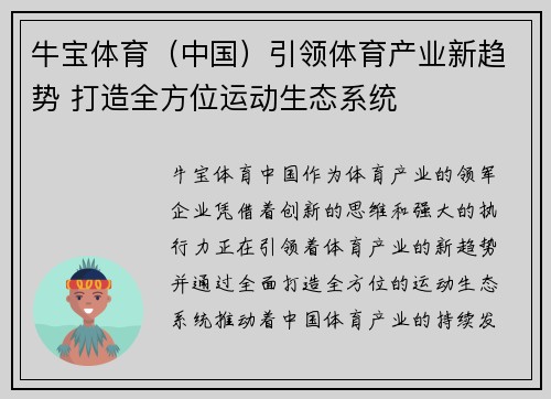 牛宝体育（中国）引领体育产业新趋势 打造全方位运动生态系统